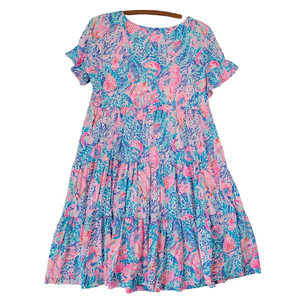 Lilly Pulitzer Pink Blue Tropical Sea Life Tiered Cotton Knit Dress Womens Med